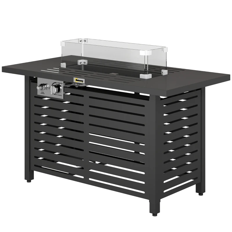 Outsunny Propane Gas Fire Pit Table, Outdoor Firepit with 43" Steel Tabletop and Lid, 50,000 BTU Pulse Ignition Fire Table w/ Stainless Steel Burner, Glass Wind Guard, and Cover