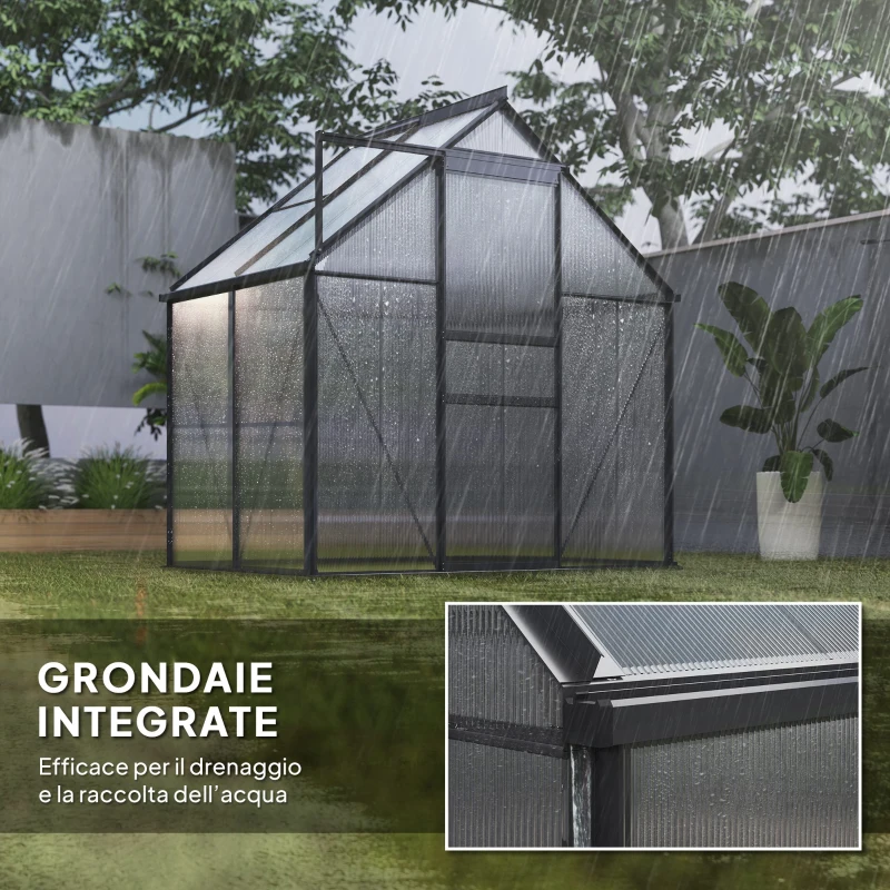 Outsunny Serra in Policarbonato e Alluminio con Porta a Battente e Finestra a Tetto, 192.5x131x200 cm, Grigio