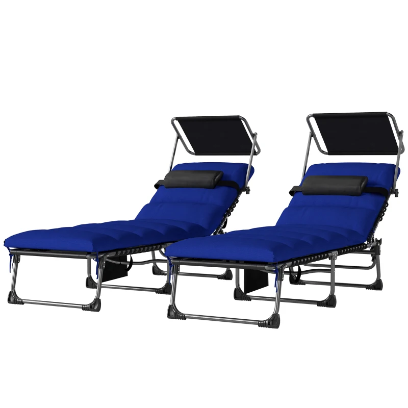 Outsunny Folding Sun Loungers Set of 2 with Canopy, Reclining Sunbed with Cushion, Side Pocket, Carrying Handle, Dark Blue