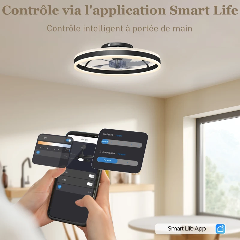 HOMCOM Ventilateur de plafond avec lumière et télécommande, plafonnier ventilateur 50 cm avec 6 vitesses, noir