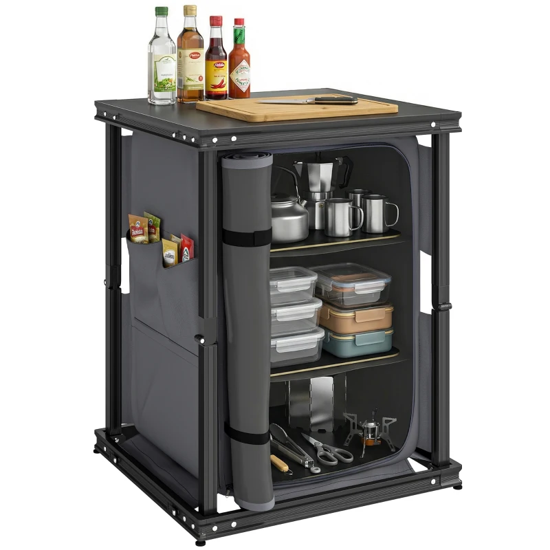 Outsunny Camping Camping Cupboards, Folding Portable Kitchen Table with 3-Tier Storage, Black