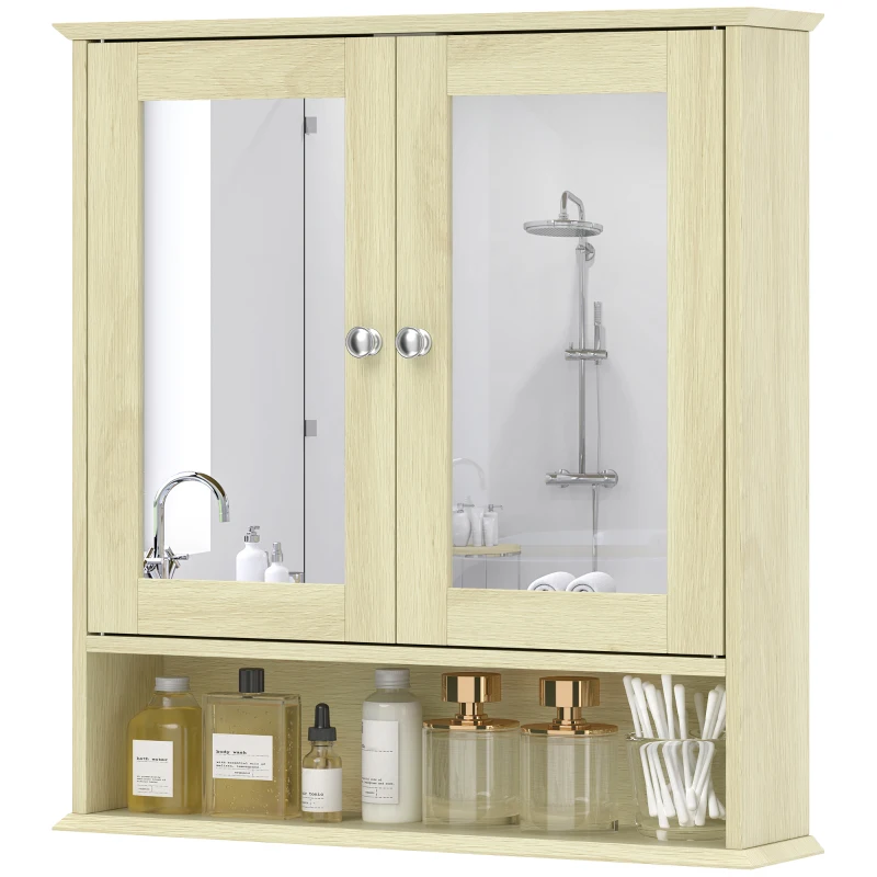 kleankin Armario de Baño con Espejo Armario de Pared con 2 Puertas Estante Abierto Estante Ajustable 56x13x58cm Natural