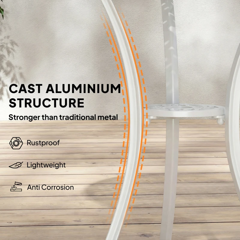 Outsunny 3 Pieces Garden Bistro Set, Cast Aluminium Outdoor Dining Set with 2 Chairs and Round Table with Parasol Hole, White