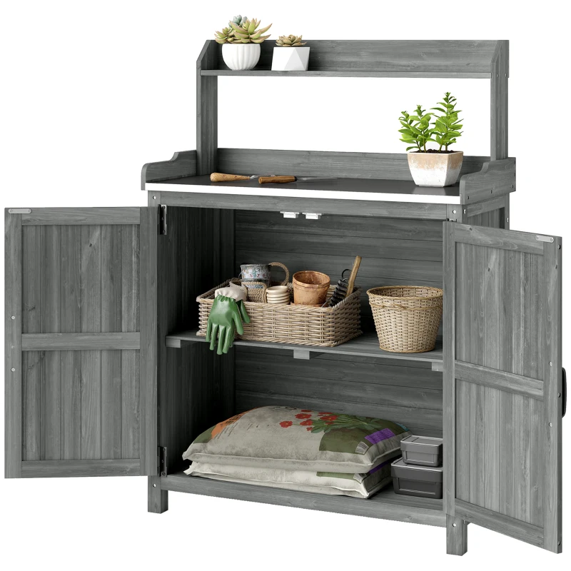 Outsunny Wooden Potting Bench Table with Aluminium Worktop, Outdoor Garden Workbench with Top Shelf and Cabinet Storage