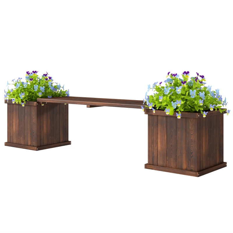 Outsunny Wooden Garden Planter & Bench Combination Garden Raised Bed Patio Park Carbonised Finish 176 x 38 x 40 cm