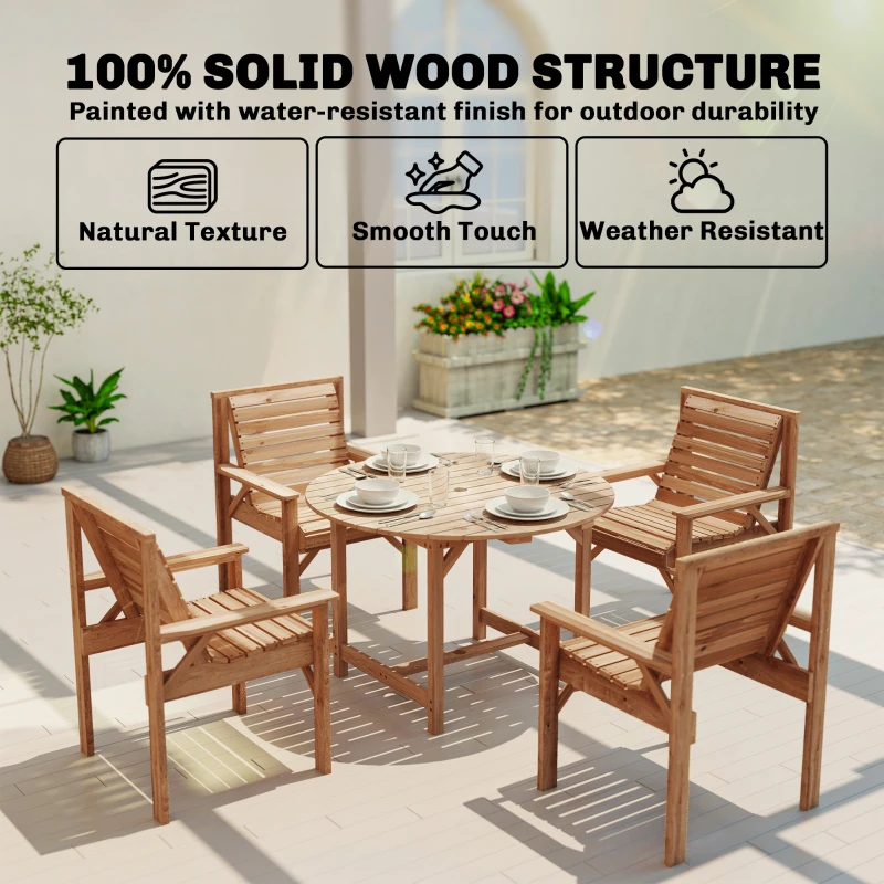 Outsunny 5 Pieces Garden Dining Set with Parasol Hole, Round Outdoor Table and Chairs, 4 Seater Wooden Garden Furniture, Natural