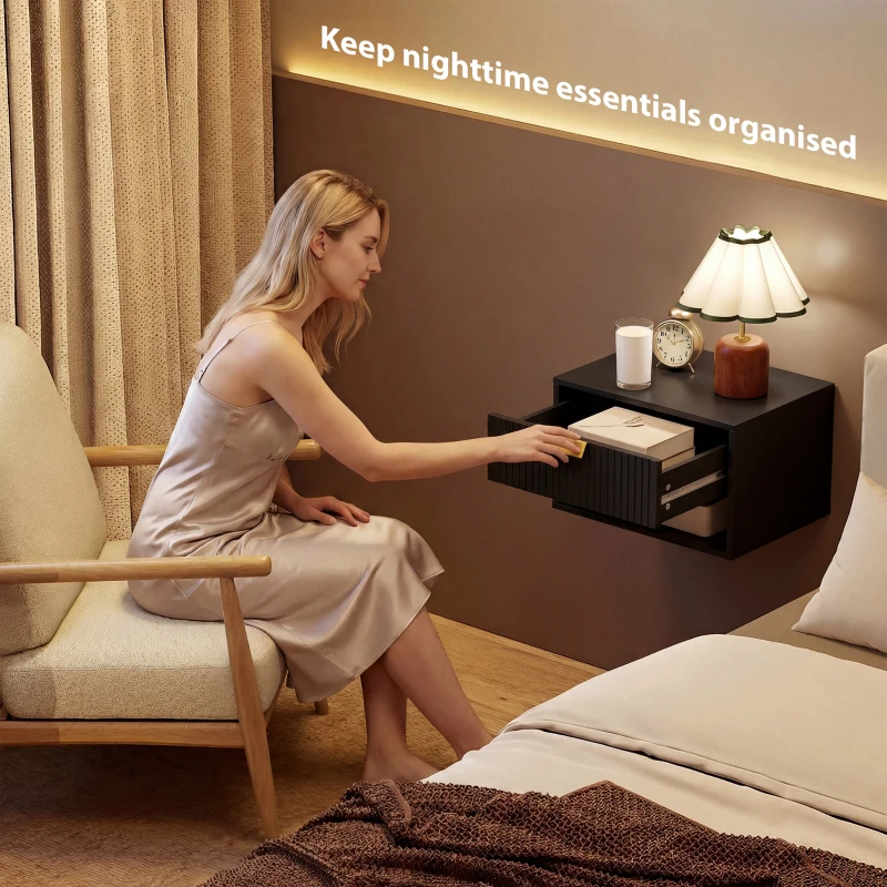 HOMCOM Set of 2 Wall Mounted Nightstands, Floating Bedside Tables with Fluted Drawer and Open Shelf for Small Bedroom, Black