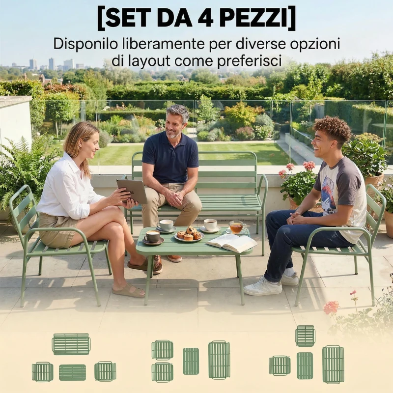 Outsunny Set Giardino 4 Pezzi, Divano Esterno Metallo con Doghe, Verde