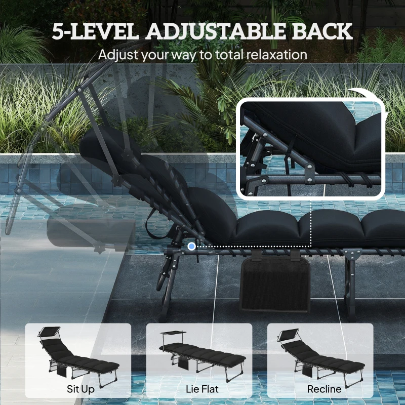 Outsunny Folding Sun Lounger with Canopy, Reclining Sunbed with Cushion, Side Pocket, Carrying Handle, Black