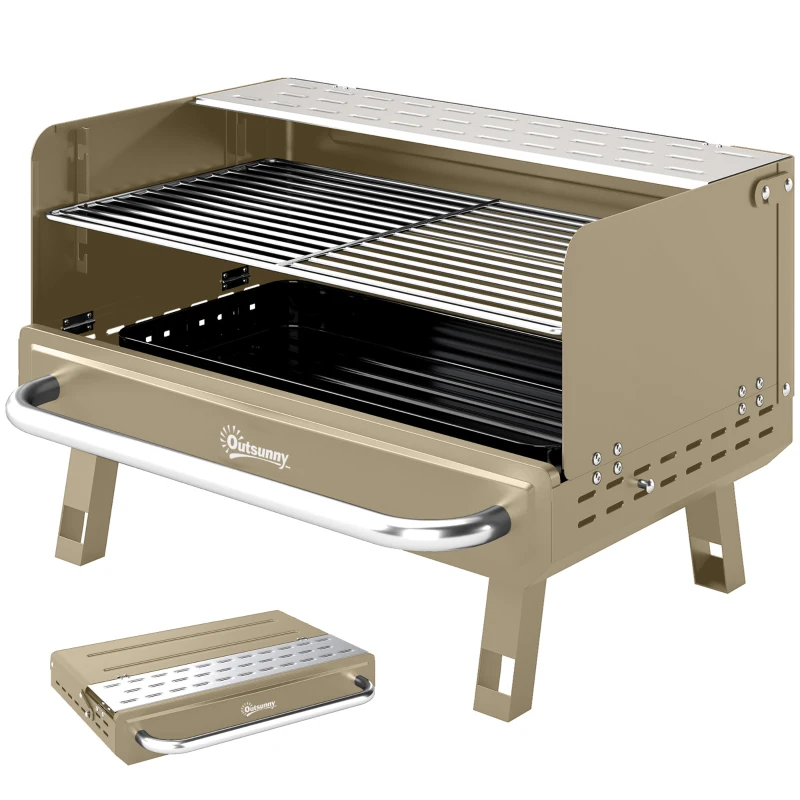 Outsunny Portable BBQ Grill, Charcoal Barbecue Grill with Adjustable Grates, Foldable Legs, Side Shelf for Camping Travel, Khaki