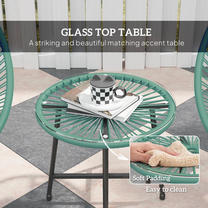 Outsunny Rattan Bistro Set with Acapulco Chairs and Glass Table, Green