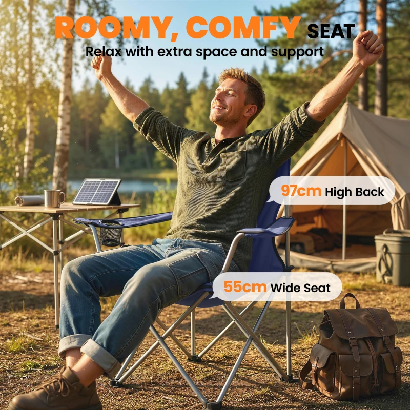 Outsunny Camping Chair Set of 2 Portable Folding Outdoor Camp Chair with Cup Holders and Carry Bag Dark Blue