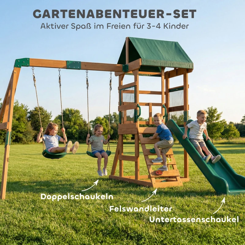 AIYAPLAY Spielturm Klettergerüst Holz Schaukelgestell mit Rutsche 2 Schaukeln Kletterwand für 3-8 Jahre 315x284x233 cm Grün