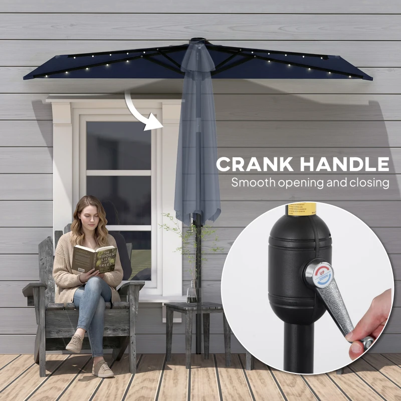 Outsunny 2.6 m Half Garden Parasol with Solar LED Lights, UPF50+ Semi Round Umbrella with 30° Tilt, Crank Handle, Dark Blue