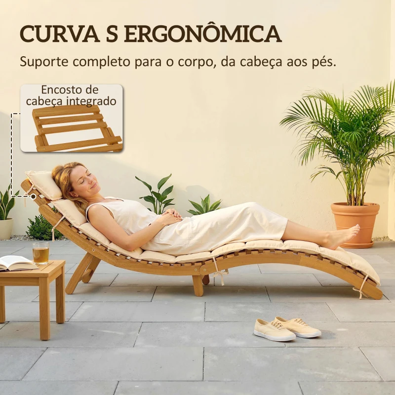 Outsunny Espreguiçadeira Dobrável de Madeira de Acácia com Almofada e Pega de Transporte para Jardim e Terraço 183x54x63 cm Bege