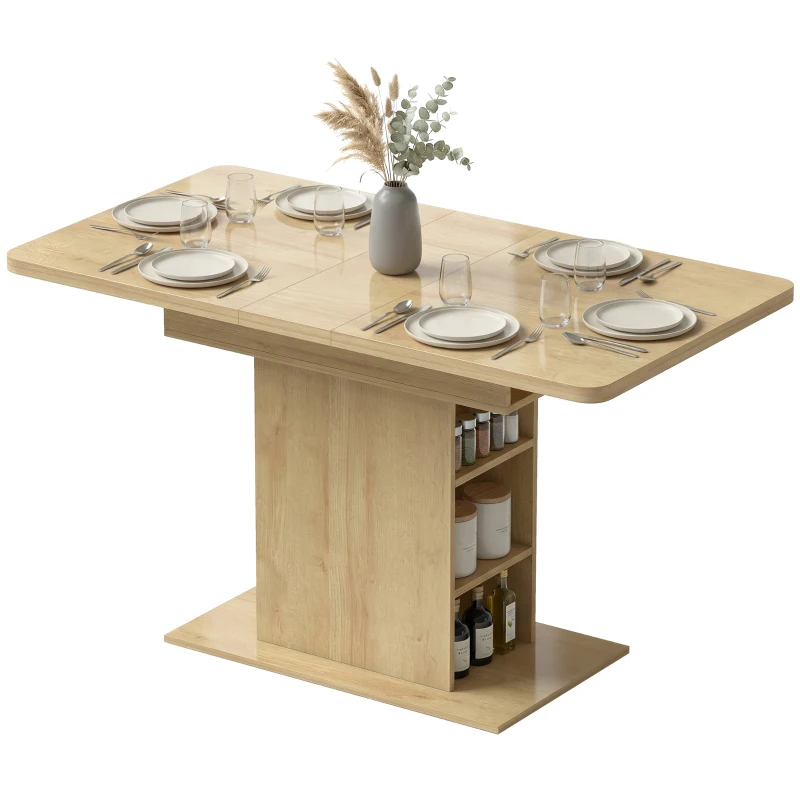 HOMCOM Mesa de comedor extensible rectangular para 4 a 6 personas, mesa de cocina 110-130 cm, 6 estantes abiertos, madera natural