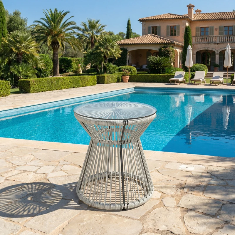 Outsunny Rattan Outdoor Coffee Table, PE Rattan Wicker Bistro Side Table with Tempered Glass Top, Light Grey