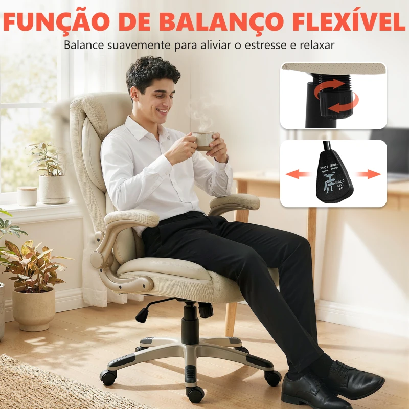 HOMCOM Cadeira de Escritório com Massagem Vibratória de 4 Pontos Aquecimento Lombar Apoios de Braços Rebatíveis Encosto Alto Altura Ajustável Creme