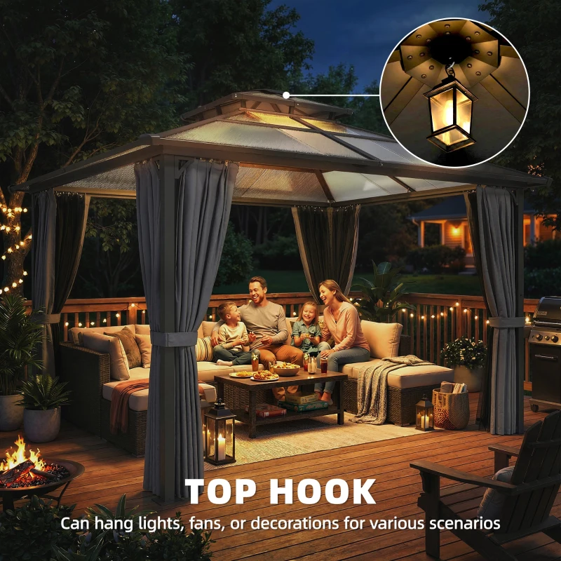 Outsunny 2.5 x 2.5 m Hardtop Gazebo Canopy with Double PC Roof, Drainage Gutters, Garden Gazebo Permanent Pavilion, Dark Grey