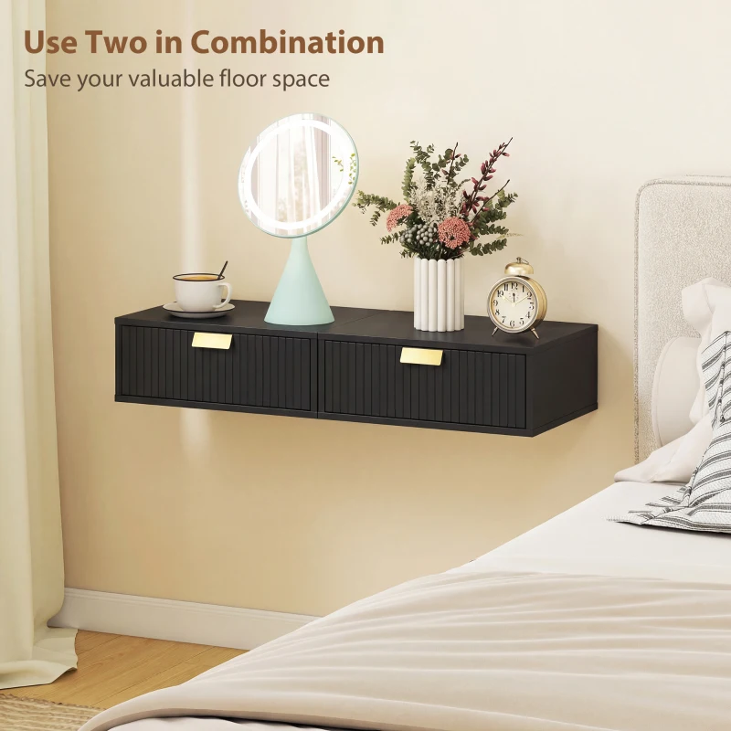 HOMCOM Modern Floating Nightstands Set of 2, Wall Mounted Bedside Tables with Wave Drawer Black