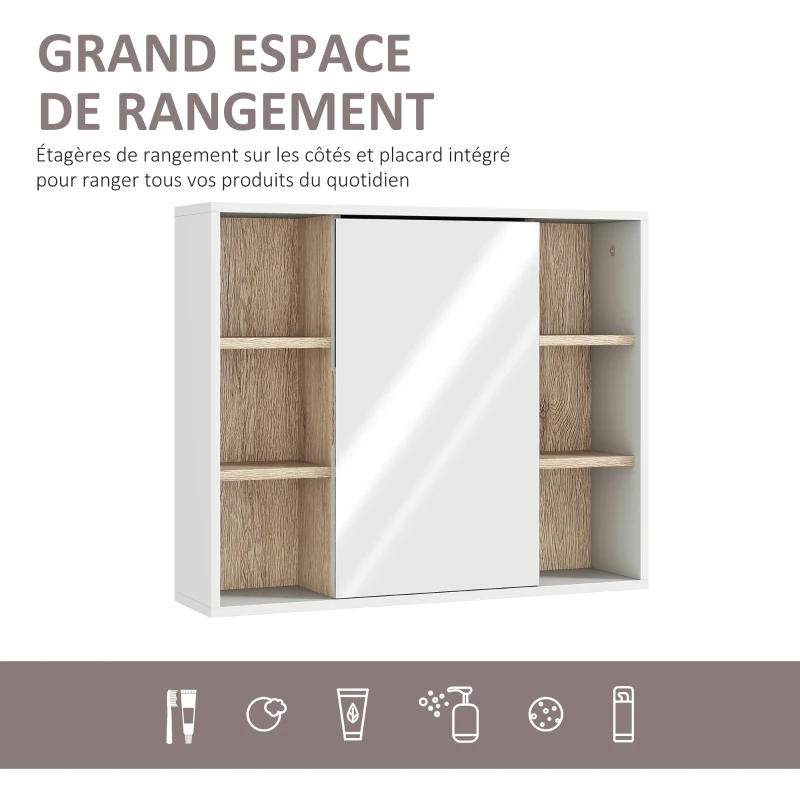 HOMCOM Armoire murale, meuble salle de bain avec miroir, miroir salle de bain avec rangement, placard à portes et 6 compartiments ouverts, 60 x 14,5 x 49,4 cm, blanc