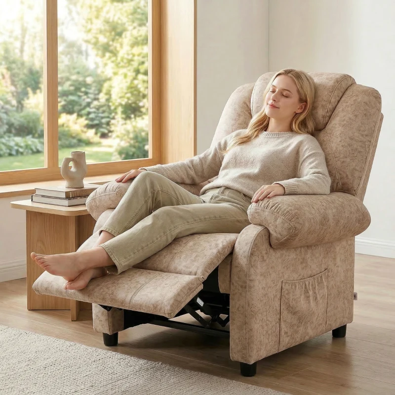 HOMCOM Poltrona Relax Reclinável com Apoio para os Pés Retrátil Encosto Alto Bolso Lateral Acolchoado Grosso 88x91x108 cm Bege