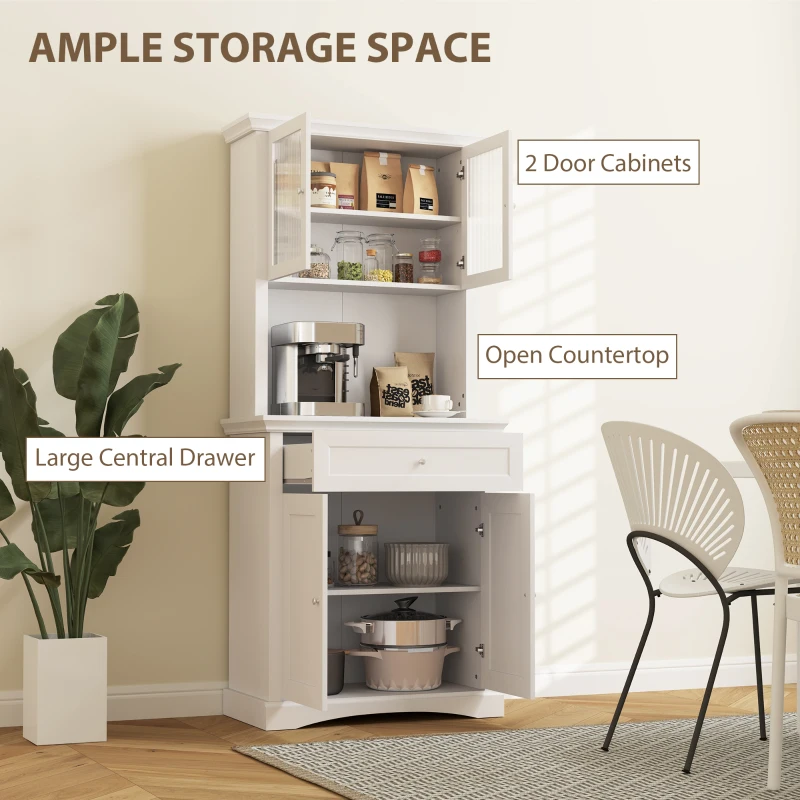 HOMCOM 4-Door Kitchen Cupboard with Drawer, Freestanding Kitchen Cabinet with Glass Doors, Adjustable Shelves and Open Counter, White