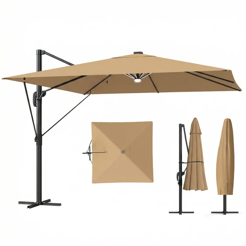 Outsunny 3 x 3 m Garden Cantilever Parasol with Light, Cover, Overhanging Umbrella w/ Wind Protection, 360° Rotation, Khaki