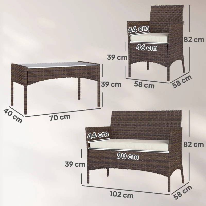 Outsunny 4 Piece Rattan Garden Furniture Sofa Set with Loveseat, Armchairs, Glass-Top Coffee Table and Cushions, Brown