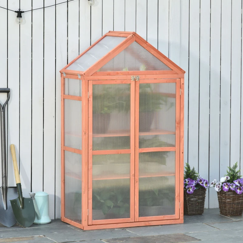Outsunny Garden Cold Frame Polycarbonate Greenhouse with Adjustable Shelves, Double Doors, Openable Top Covers, Grow House for Flower Vegetable Plants, 80 x 47 x 138cm, Orange