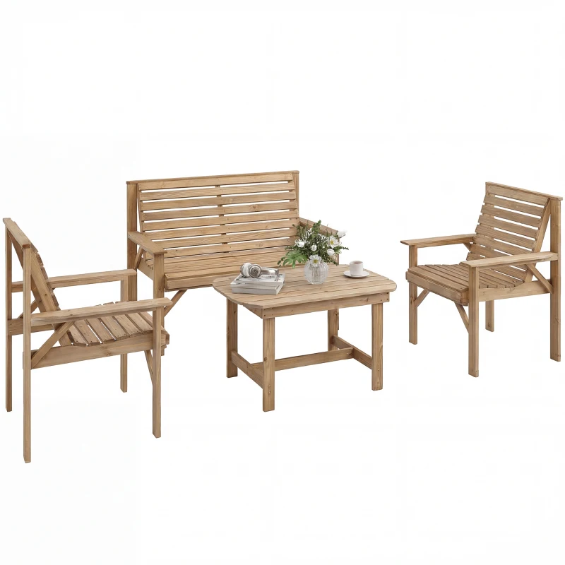 Outsunny 4 Piece Wooden Garden Furniture Set, Outdoor Garden Sofa Set with 2 Armchairs, Loveseat and Coffee Table, Natural Wood