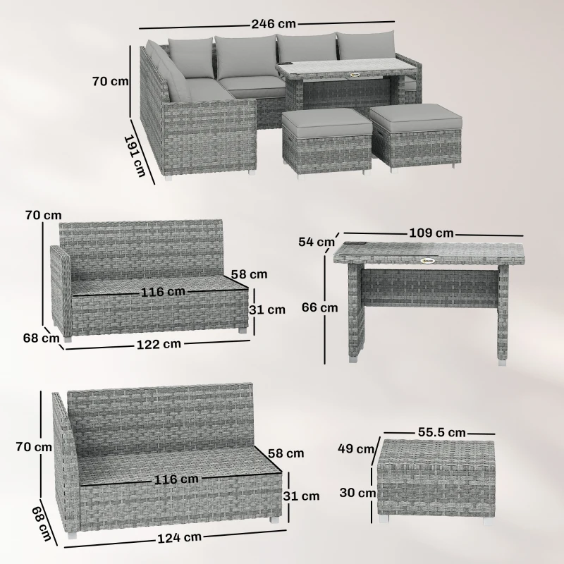 Outsunny 6 Seater Rattan Garden Furniture Set with 3 Sofas, 2 Footstools, Table, Patio Rattan Furniture Sofa Sets, Grey