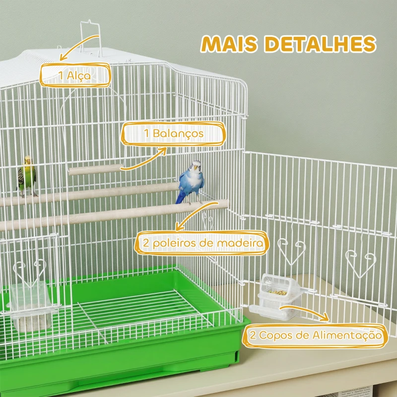PawHut Gaiola para Pássaros Gaiola de Aço com 2 Alimentadores 2 Poleiros Baloiço e Bandeja Removível Pega 46,5x36x59 cm Verde