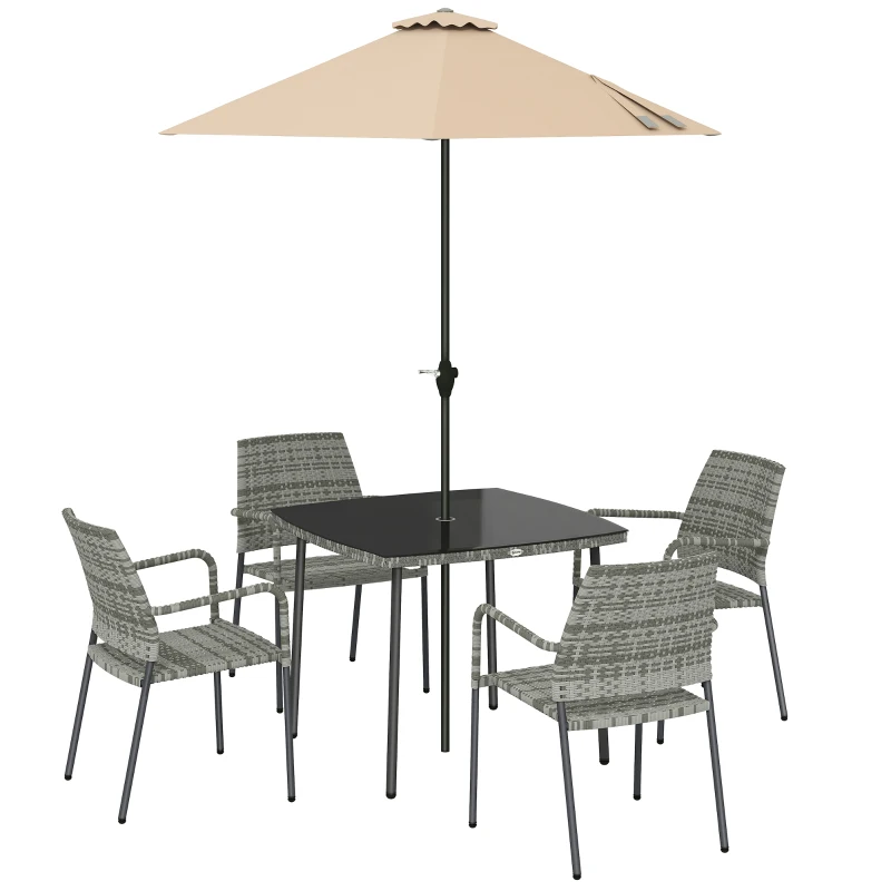 Outsunny 4 Seater Rattan Dining Set with Parasol, 6 Piece Garden Table and Stackable Chairs with Tempered Glass Tabletop