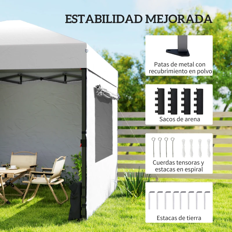 Outsunny Carpa Plegable Pop-up 3x3 m con 3 Paredes 2 Ventanas Altura Ajustable UPF50+ Bolsa Transporte y Sacos de Arena Blanco