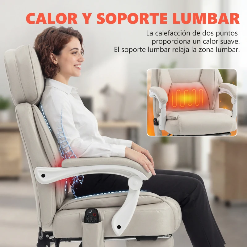 HOMCOM Silla de Escritorio Reclinable con Masaje Vibratorio de 6 Puntos Calor Lumbar Reposacabezas Ajustable Reposapiés Crema