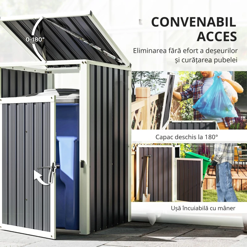 Outsunny Adăpost pentru 1 coș de gunoi 240L, adăpost de exterior pentru coș de gunoi, capac rabatabil 180°, oțel galvanizat 73 x 81 x 122 cm, gri închis