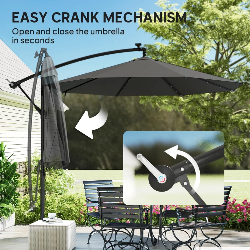Outsunny 3 m Cantilever Parasol with Solar LED Lights Garden Umbrella with Cross Base, Black