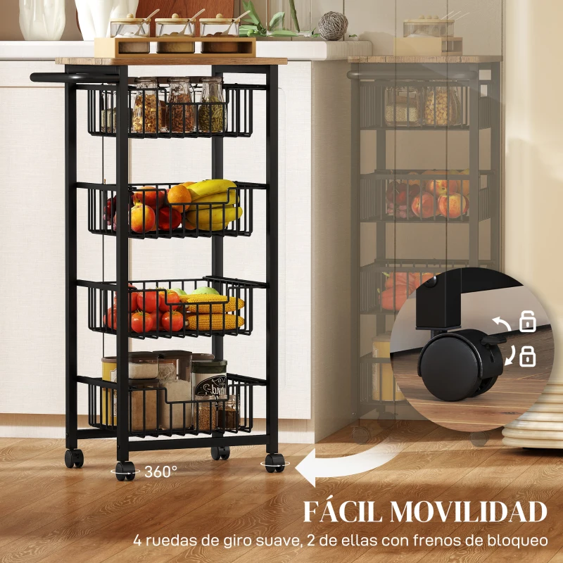 HOMCOM Carrito Verdulero para Cocina con 4 Cestas Deslizables y Marco de Acero 49,5x31x91 cm Roble