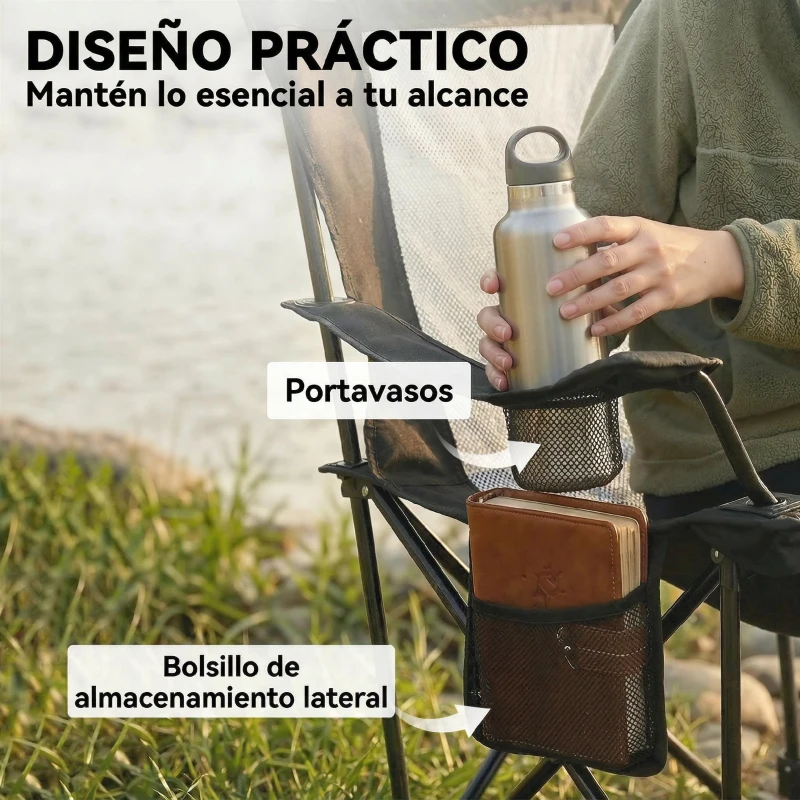 Outsunny Conjunto de 2 Sillas Plegables Camping Reclinables con Reposapiés Desmontable Reposacabezas Portavasos y Bolsa Negro
