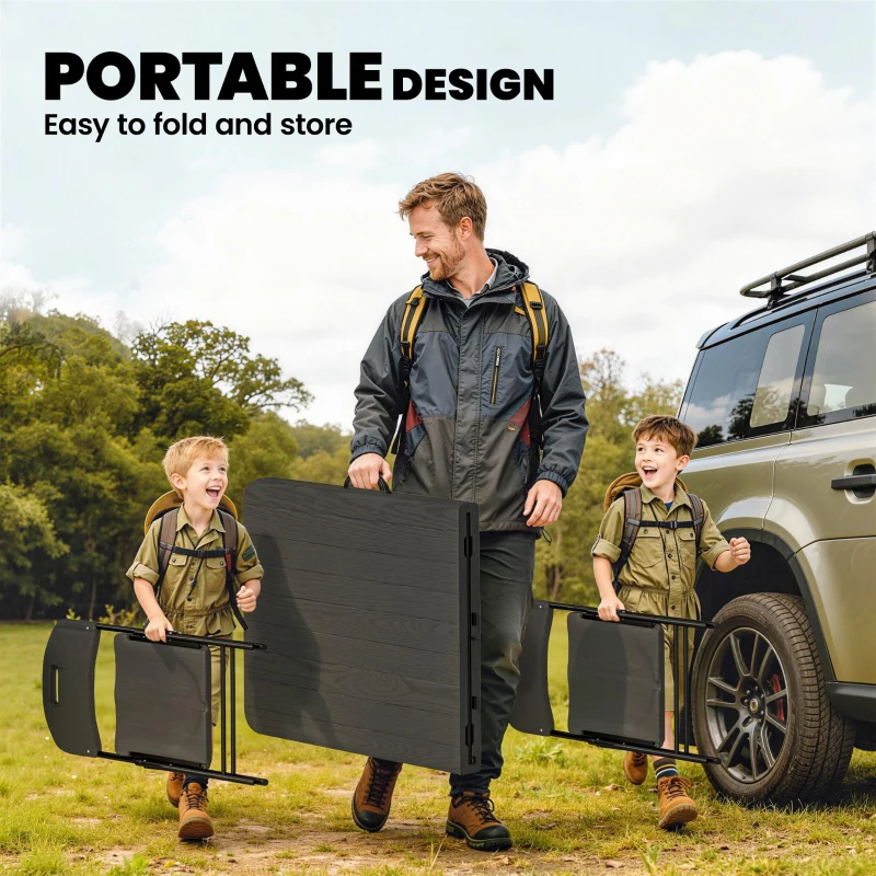 Outsunny 5 Piece 6ft Foldable Table and Chairs, Portable Picnic Table Set with 4 Chairs, Waterproof Top and Steel Frame, Black