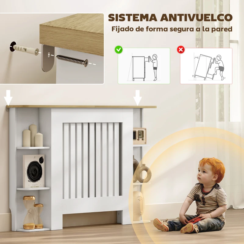 HOMCOM Cubre Radiadores con Estantes Cubreradiador de MDF Diseño Moderno de Listones para Salón Dormitorio 124x19x83 cm Blanco