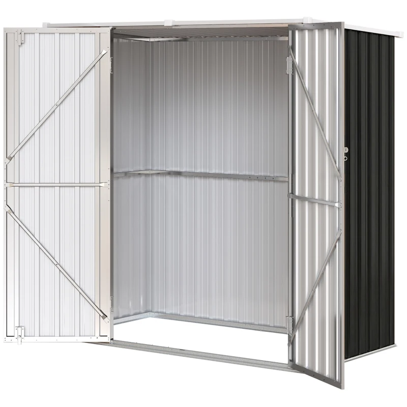 Outsunny Abrigo de Jardim Exterior Metálico 1,37 m² 163x89x163 cm com Telhado Inclinado, Portas com Fecho e Luvas Cinzento