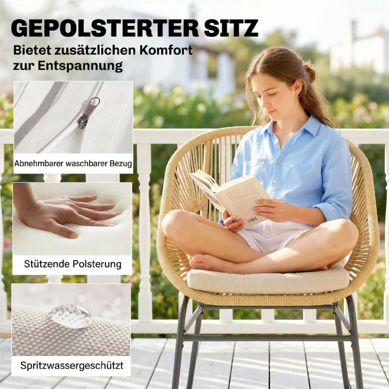 Outsunny Rattan Bistroset 3 teiliges Gartenmöbel-Set mit 2 Gartenstühlen, Glastisch, waschbaren Kissen, Ergonomisch
