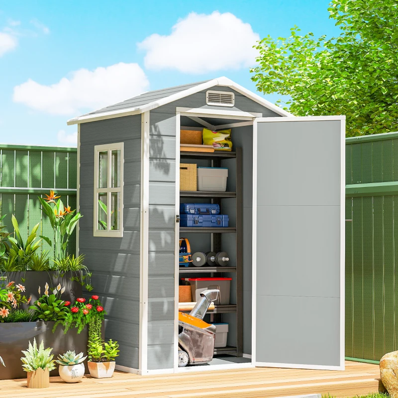 Outsunny 4 x 3 ft Plastic Garden Shed with Floor, Outdoor Storage Shed with Lockable Door, Window and Vent, Light Grey