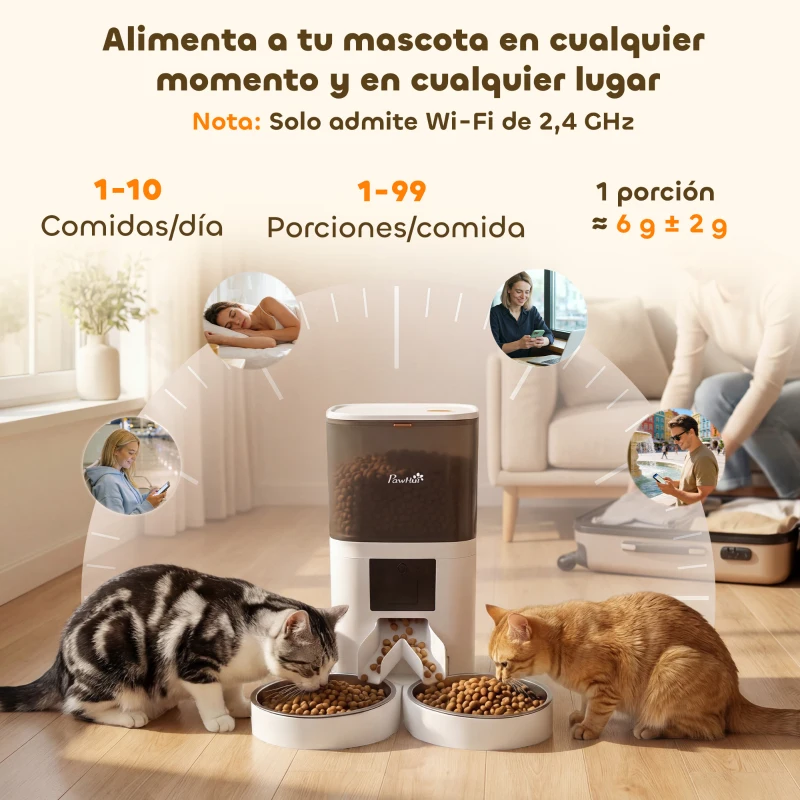 PawHut Comedero Automático 6L WiFi 2.4G con Control App 2 Cuencos Programable 1-10 Comidas Grabadora Voz 10s Fácil de Limpiar
