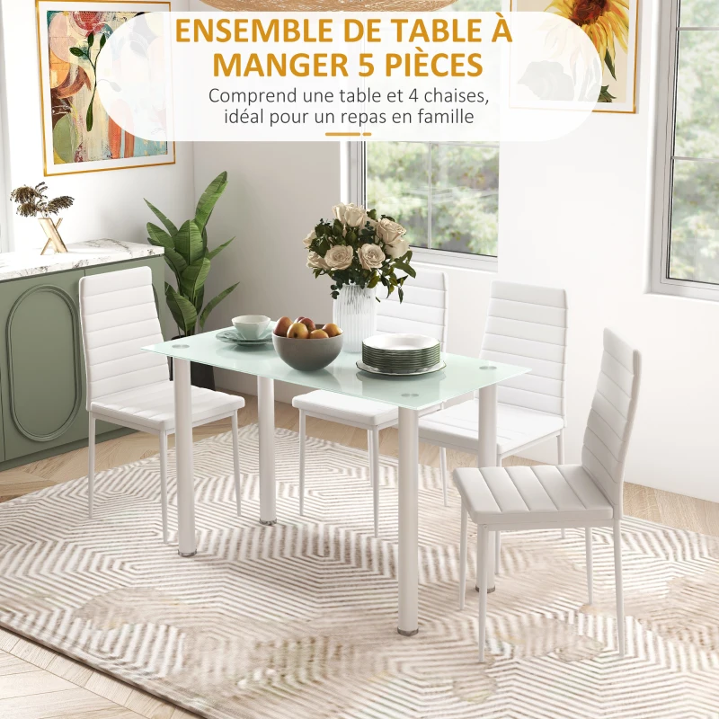HOMCOM Ensemble de table à manger avec 4 chaises plateau en verre trempé, pieds en acier, pour cuisine salon blanc