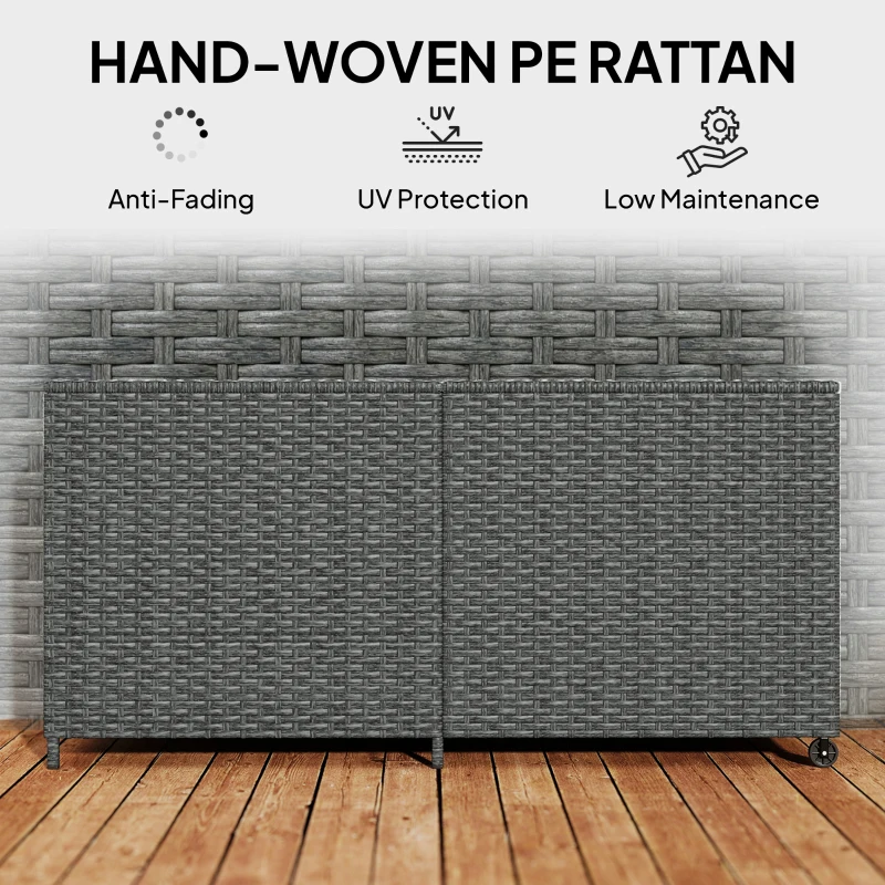 Outsunny Rattanowa skrzynia ogrodowa 650L wodoodporna, UV odporna, ze schowkiem, kółkami i pokrywą, 150 x 75 x 74 cm, ciemnoszara