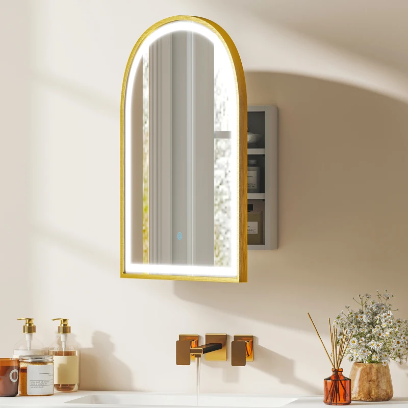 HOMCOM Armoire murale salle de bain avec miroir et éclairage LED, porte arquée, anti-buée, 50x14,5x70cm, doré