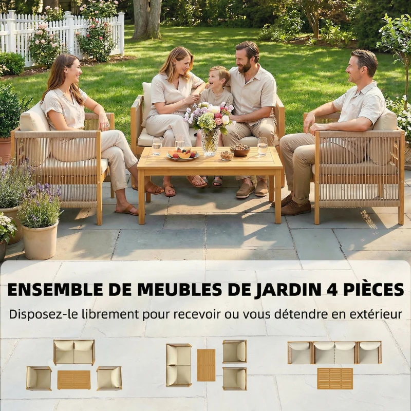 Outsunny Salon de Jardin Ensemble de Mobilier 4 Pièces en Bois d'Acacia Coussins Déhoussables et Corde Tressée Naturel